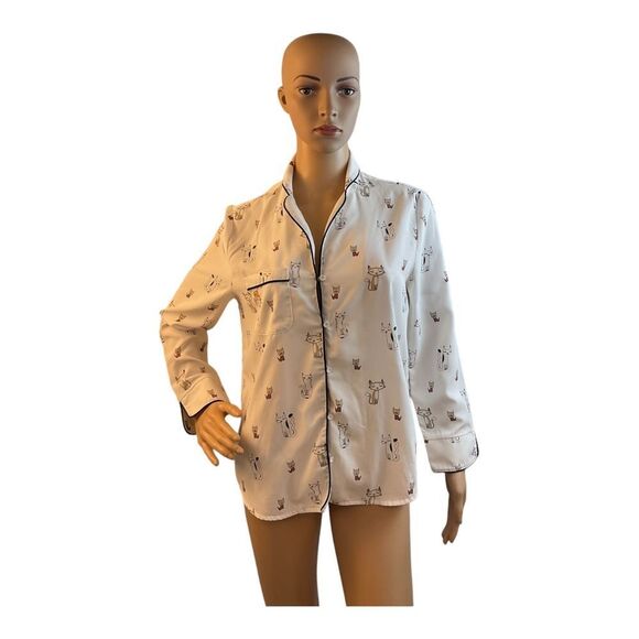 Forever21 Womens white  Multicolor  Cat Long Sleeve Button Up Shirt Size M - Picture 1 of 9